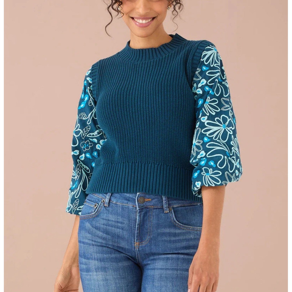 Alivia Women's Emma Sweater Teal Cotton Small Floral Embroidered Poplin‎ Sleeve